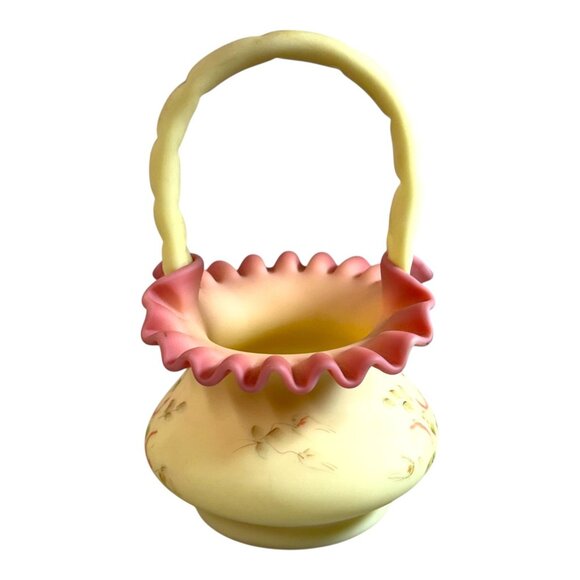 Fenton Hand-Painted Burmese Satin Glass Basket Ruffled Edge Floral Signed G Finn - Picture 3 of 9